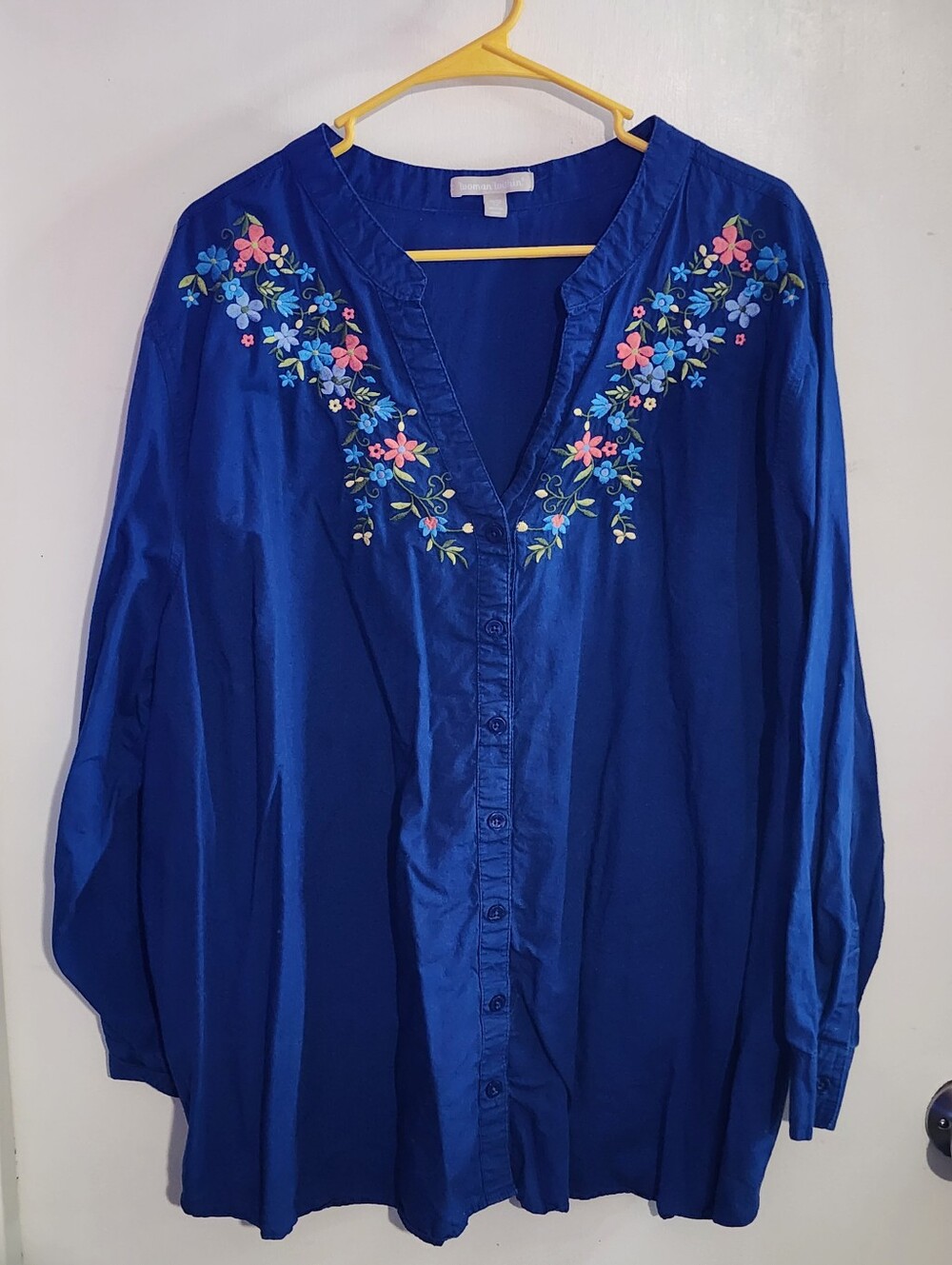 Woman Within Royal Blue Embroidered V-Neck Button Front Tunic